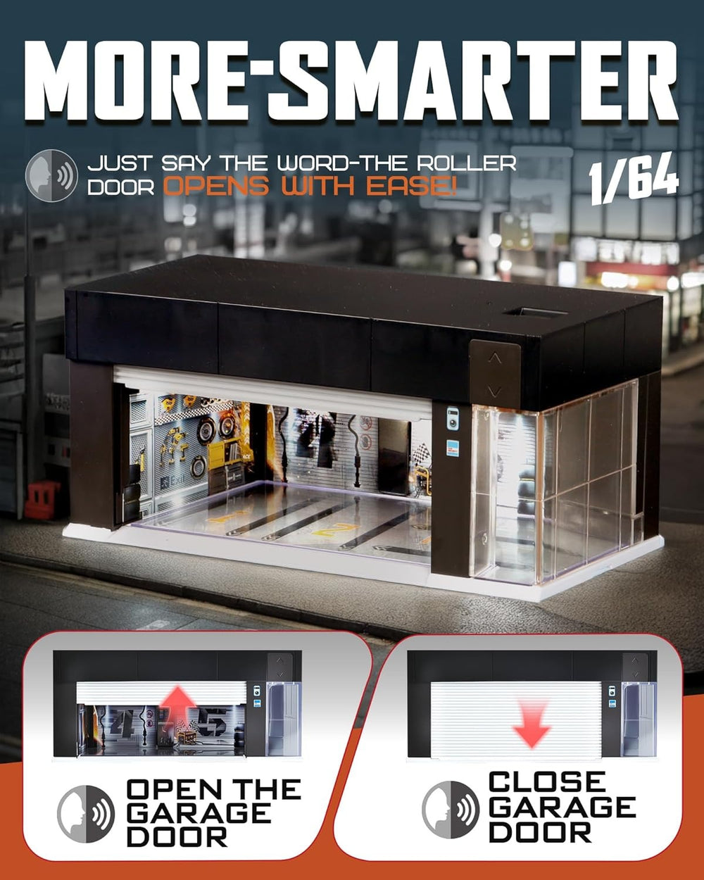 Electric Motorized Garage Diorama With Lights and Voice Control for 1:64 Diecast Scale Models